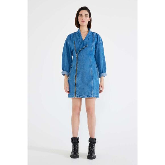ETICA “Charley” Denim Biker Mini Dress in Light Wash Blue – Size Small - Picture 1 of 8